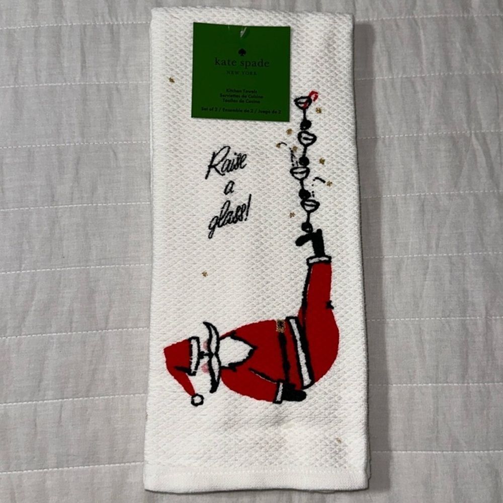 kate spade Jolly Santa Raise a Glass White Gold Red Cotton Kitchen 2 Towel Set